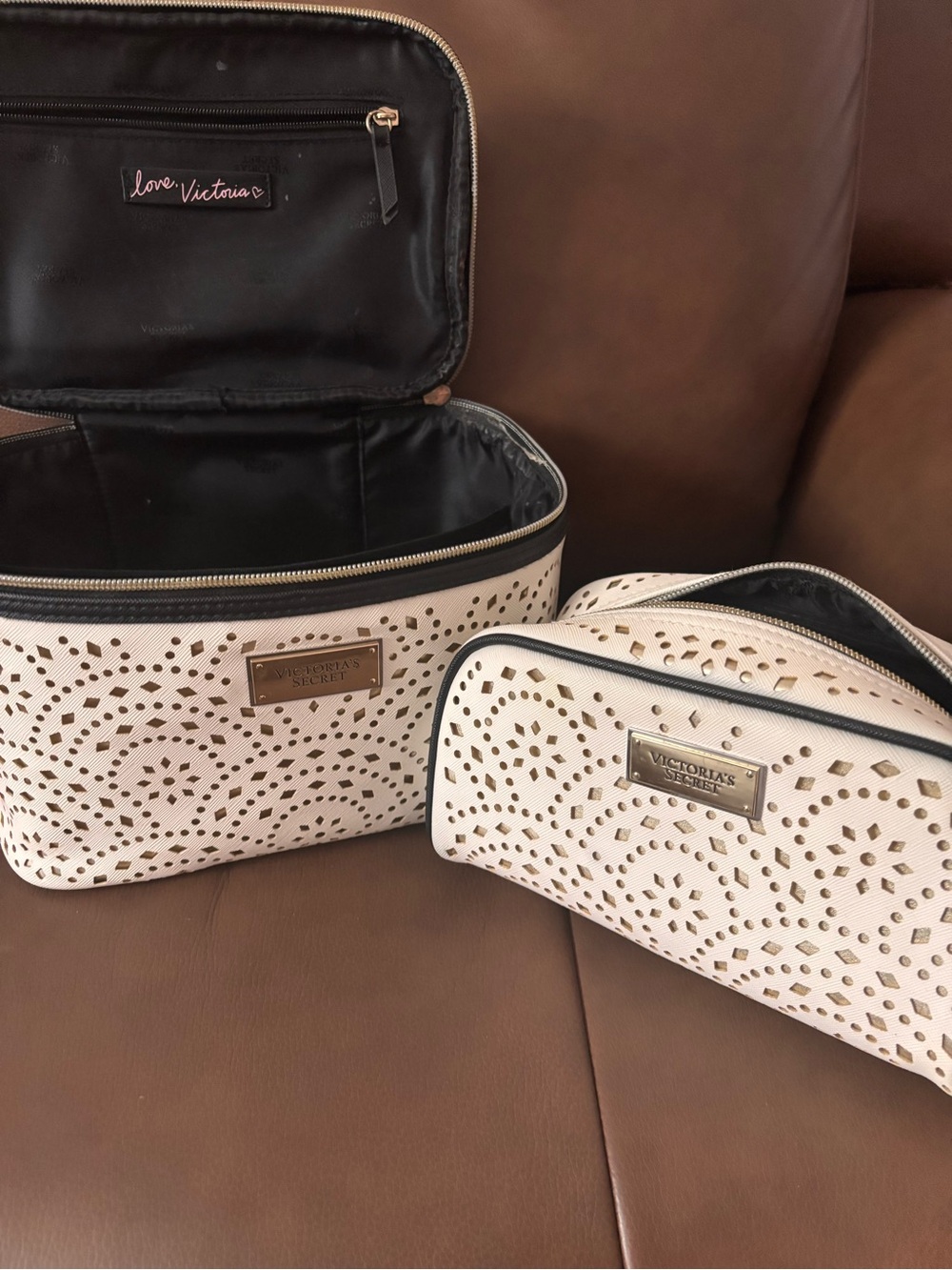 Victoria's Secret Cream Laser-Cut Cosmetic Bag Set